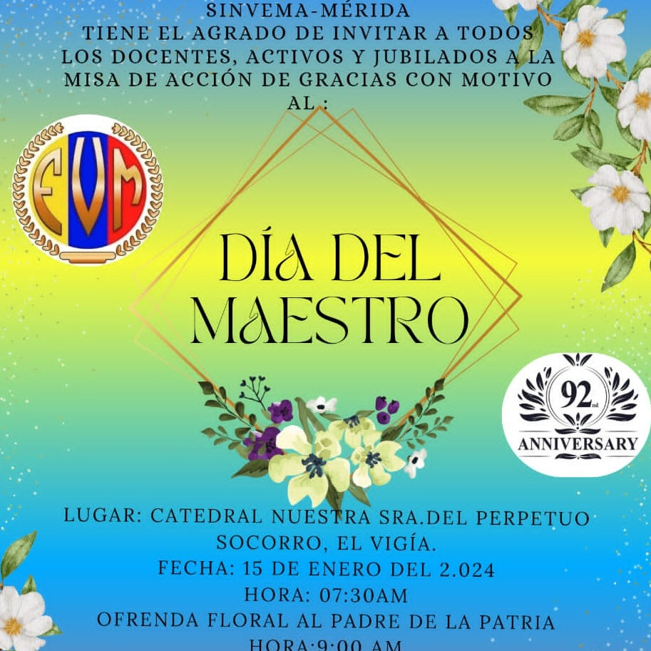 Diario Frontera, Frontera Digital,  El Vigía Panamericana, ,Federación Venezolana de Maestros Sinvema Mérida invita a la misa en la catedral de El Vigía