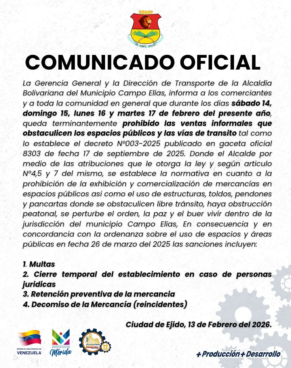 Diario Frontera, Frontera Digital,  Regionales, ,Alcaldía de Campo Elías prohíbe ventas informales en espacios públicos durante fin de semana (Comunicado Oficial)