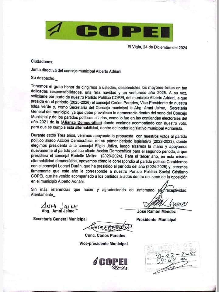 Diario Frontera, Frontera Digital,  Politica, ,Partido Copei solicita presidir directiva del Concejo Municipal de Alberto Adriani el periodo 2025 - 2026