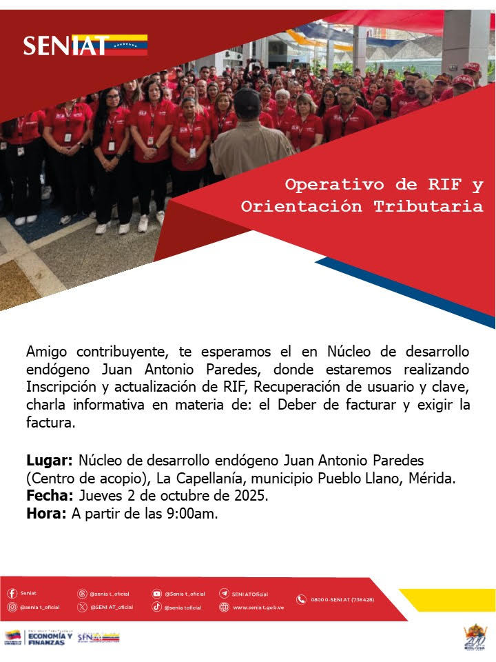 Diario Frontera, Frontera Digital,  Páramo, ,El SENIAT invita a todos los contribuyentes del municipio Pueblo Llano y zonas cercanas a participar activamente en esta jornad,SENIAT activa operativo especial de RIF y orientación fiscal en Pueblo Llano