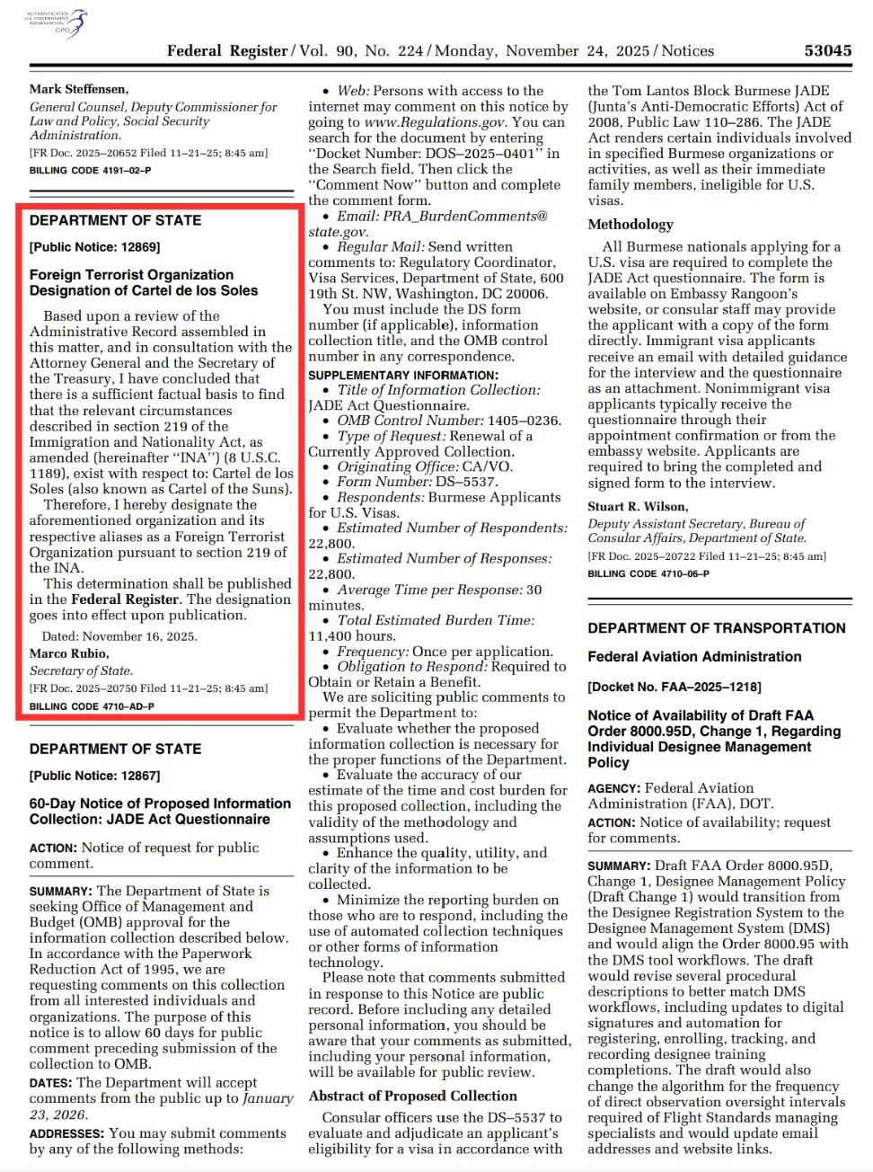 Diario Frontera, Frontera Digital,  Internacionales, ,En repetidas ocasiones, el gobierno ha negado la existencia del Cartel de los Soles. Sus máximos representantes aseguran que se trata de una falsa narrativa,EE UU designó al Cartel de los Soles como organización terrorista extranjera