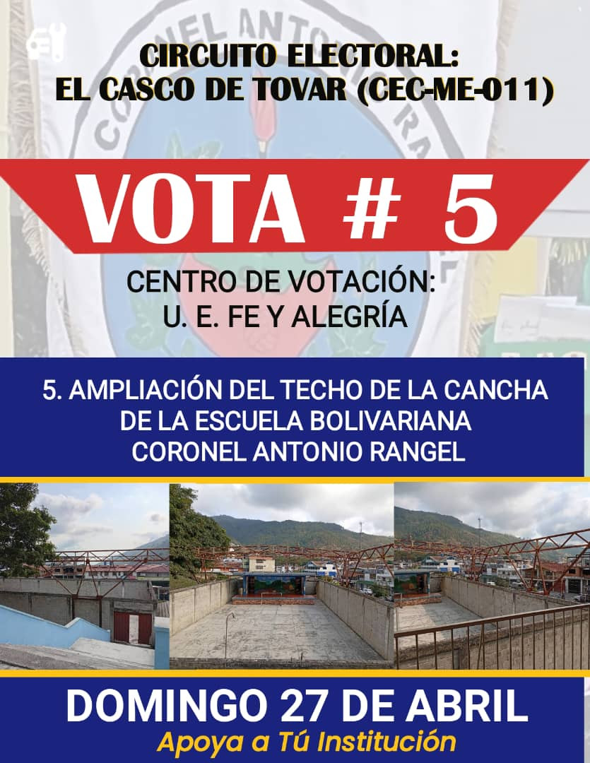 Diario Frontera, Frontera Digital,  Mocoties, ,La Escuela Bolivariana Coronel Antonio Rangel espera lograr el apoyo de los tovareños en la Consulta Popular del domingo para lograr la ampliación del techo de la cancha