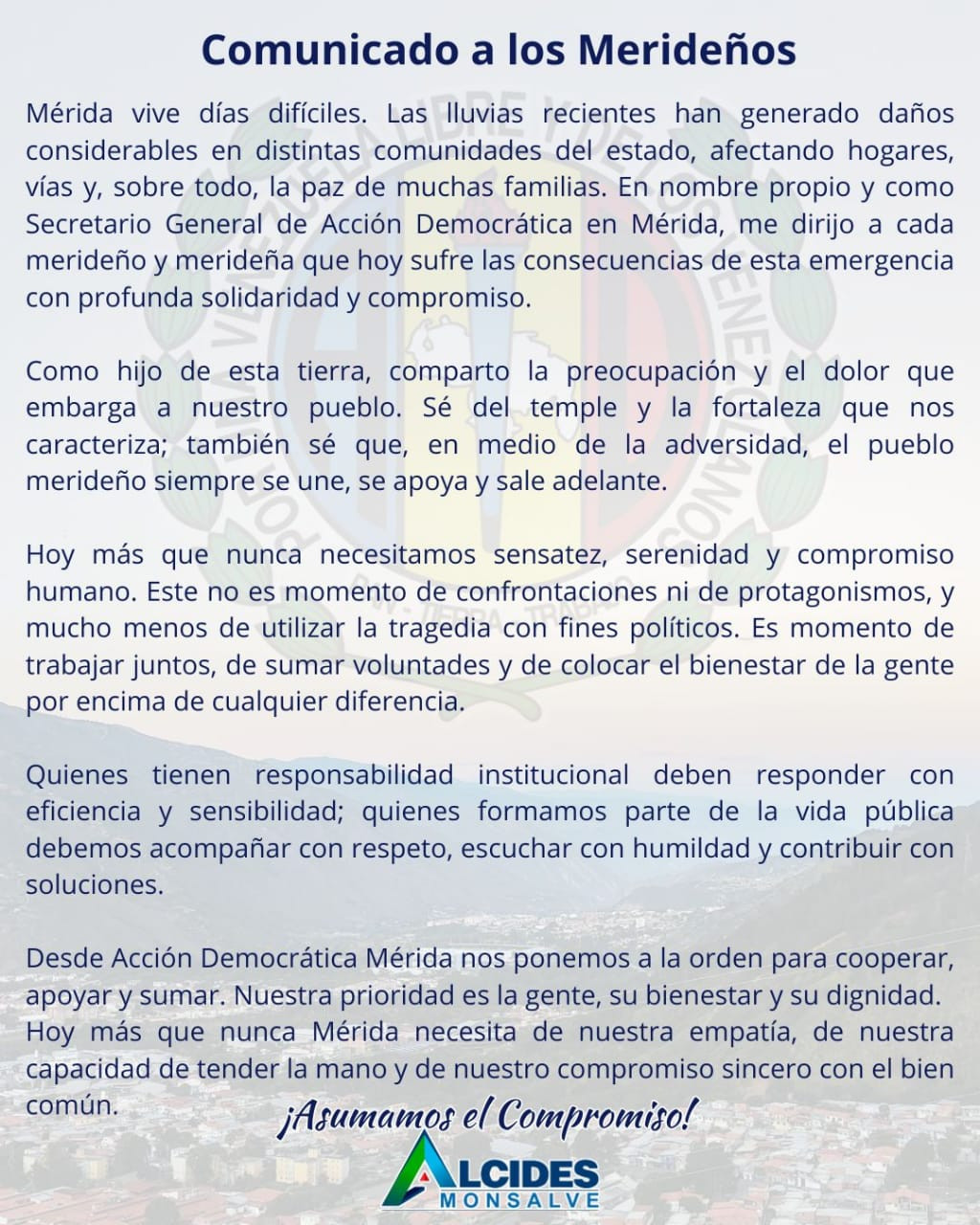 Diario Frontera, Frontera Digital,  Politica, ,Alcides Monsalve ante la emergencia por lluvias en Mérida: "Es momento de unirnos, mantener la calma y sumar voluntades"