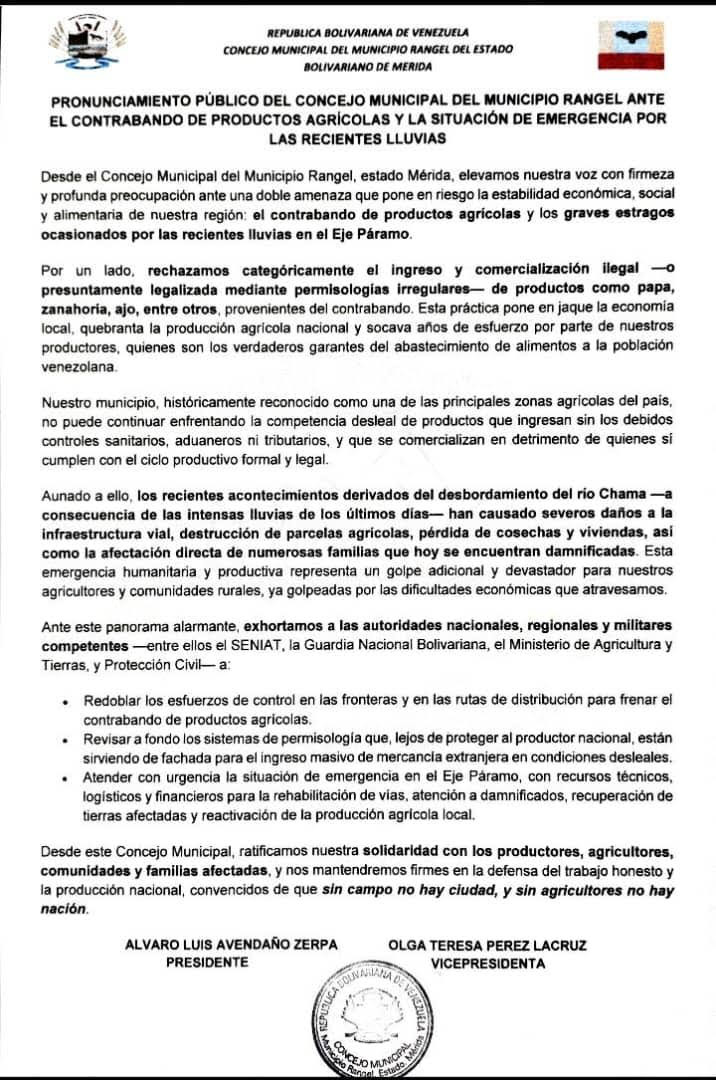 Diario Frontera, Frontera Digital,  Páramo, ,Concejo Municipal de Rangel alerta sobre contrabando 
y crisis agrícola en el Eje Páramo