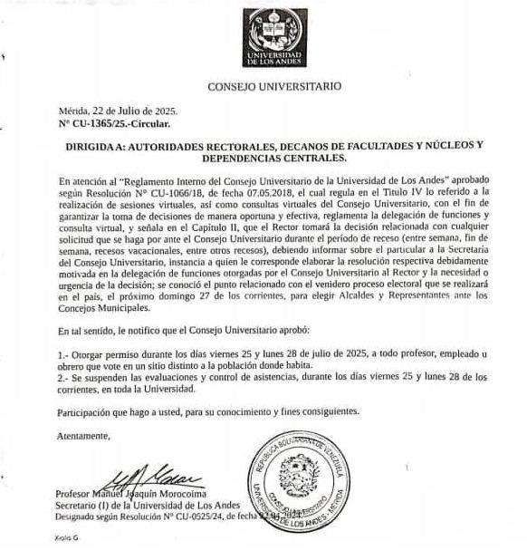 Diario Frontera, Frontera Digital,  Regionales, ,La ULA otorga permisos laborales y suspende evaluaciones 
y control de asistencia por elecciones del 27 de julio