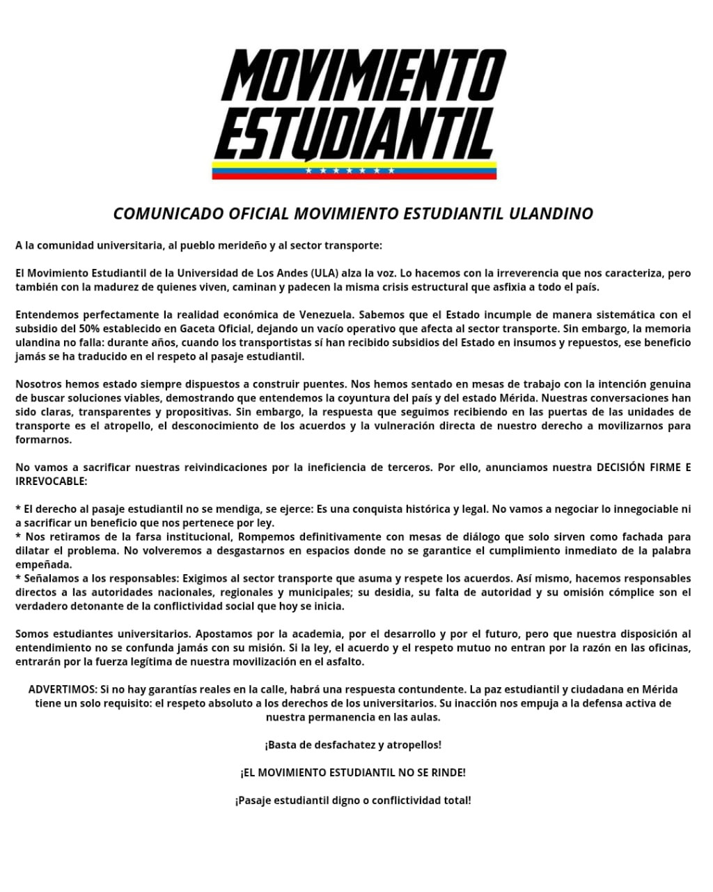 Diario Frontera, Frontera Digital,  Regionales, ,El comunicado del Movimiento Estudiantil Ulandino concluye con un llamado al respeto absoluto de los derechos universitarios y una advertencia clara: “Pasaje estudiantil digno o conflictividad total.,Movimiento Estudiantil Ulandino denuncia atropellos 
y exige respeto al pasaje de los estudiantes
