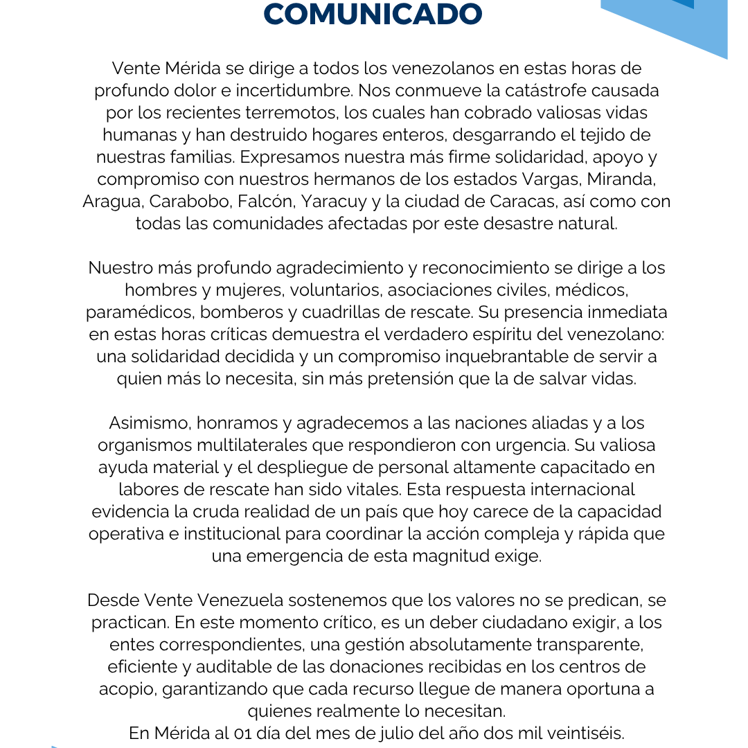 Frontera Digital,  Politica,  COMUNICADO de Vente Mérida ante la tragedia: 
Transparencia, solidaridad y reconstrucción nacional