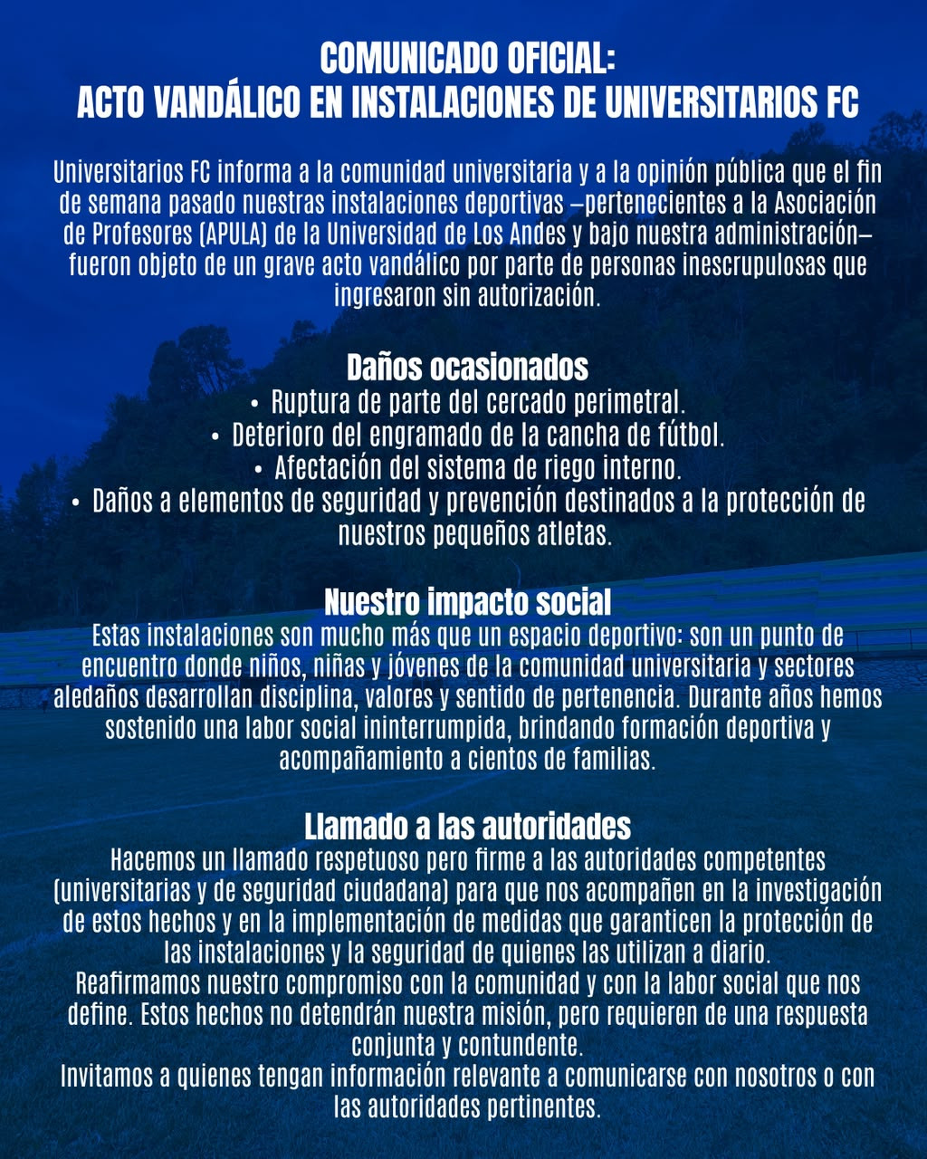 Diario Frontera, Frontera Digital,  Regionales, ,El club recordó que sus espacios representan mucho más que un campo deportivo: son un punto de encuentro para niños, niñas y jóvenes de la comunidad universitaria y sectores vecinos,Universitarios Fútbol Club denuncia acto vandálico en sus instalaciones deportivas