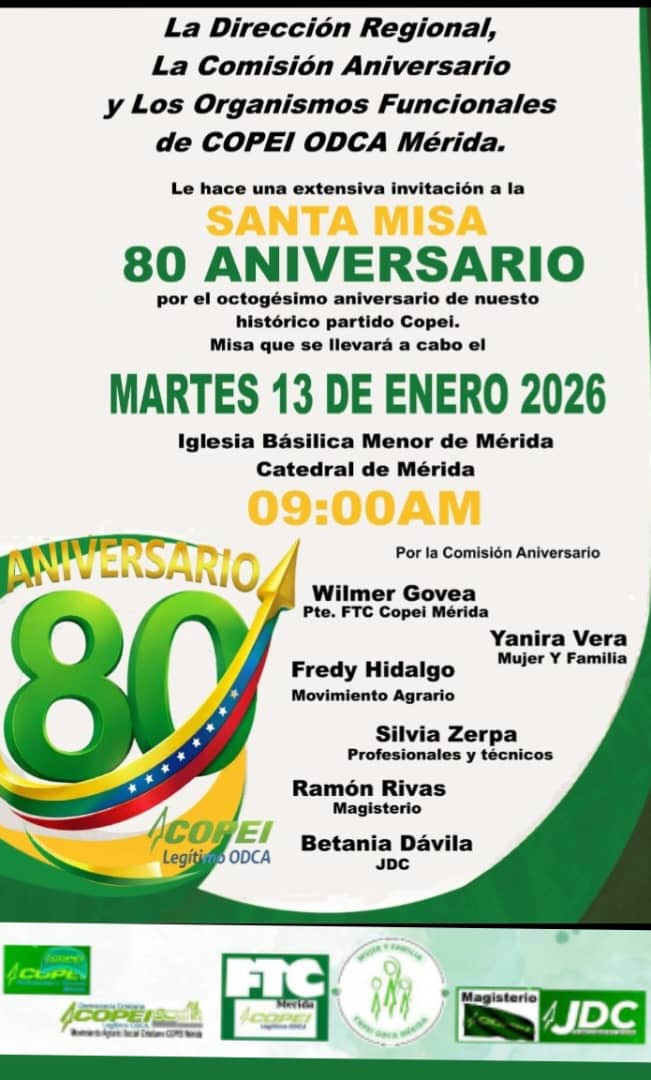 Diario Frontera, Frontera Digital,  Politica, ,Copei celebrará su 80 aniversario con misa de acción de gracias en la Catedral de Mérida