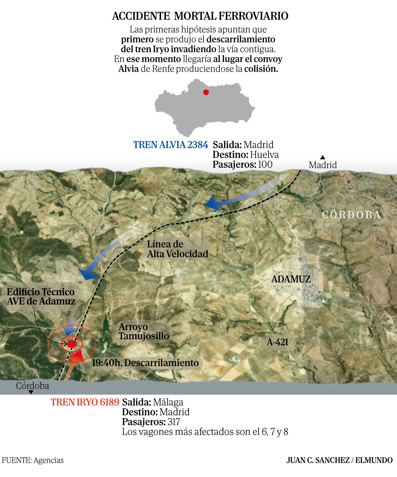 Diario Frontera, Frontera Digital,  Internacionales, ,Las primeras informaciones apuntaban ya a un despliegue de emergencias complejo, lo que hacía pensar en un alto número de víctimas,Al menos 39 muertos al descarrilar dos trenes de alta velocidad en Adamuz, Córdoba