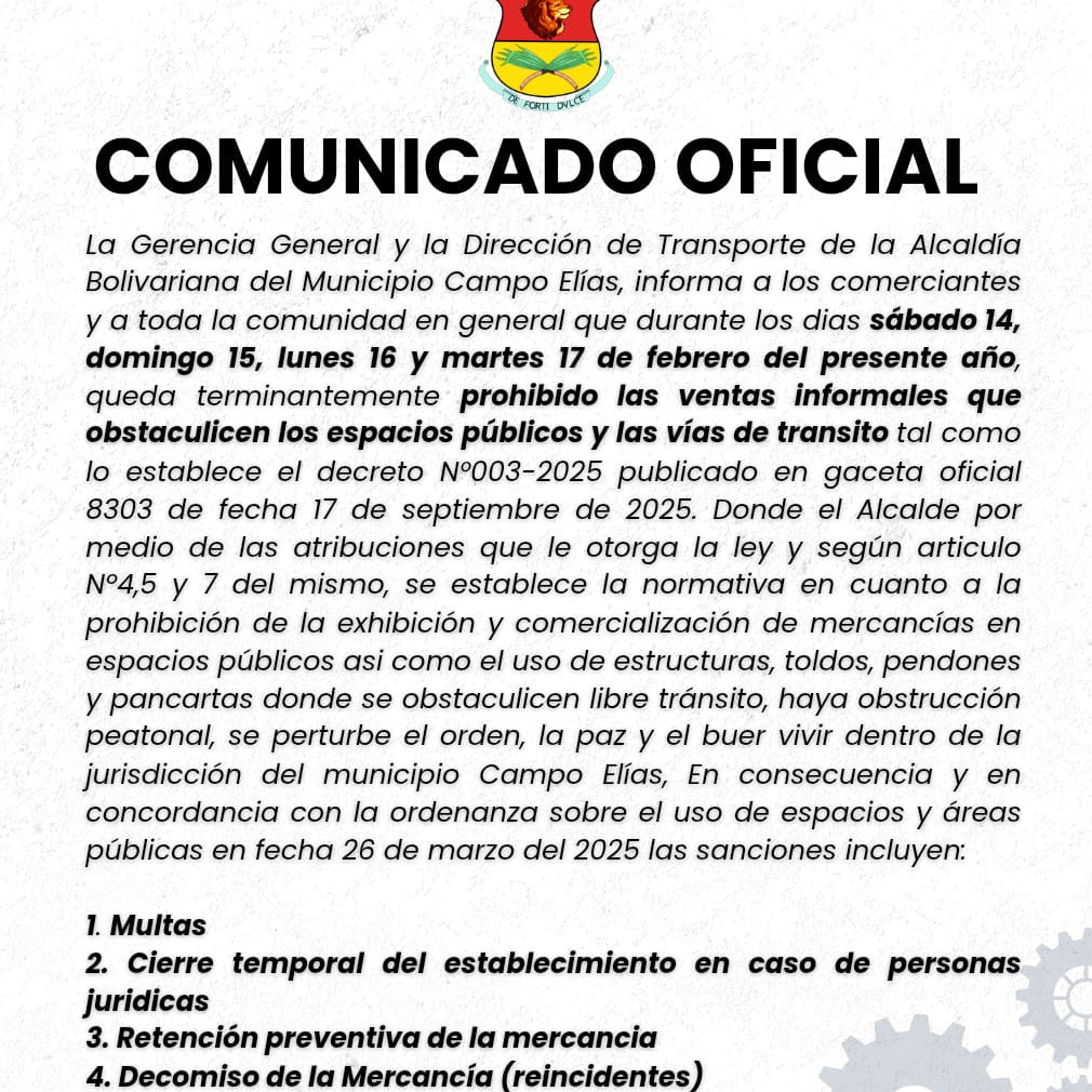 Diario Frontera, Frontera Digital,  Regionales, ,Alcaldía de Campo Elías prohíbe ventas informales en espacios públicos durante fin de semana (Comunicado Oficial)
