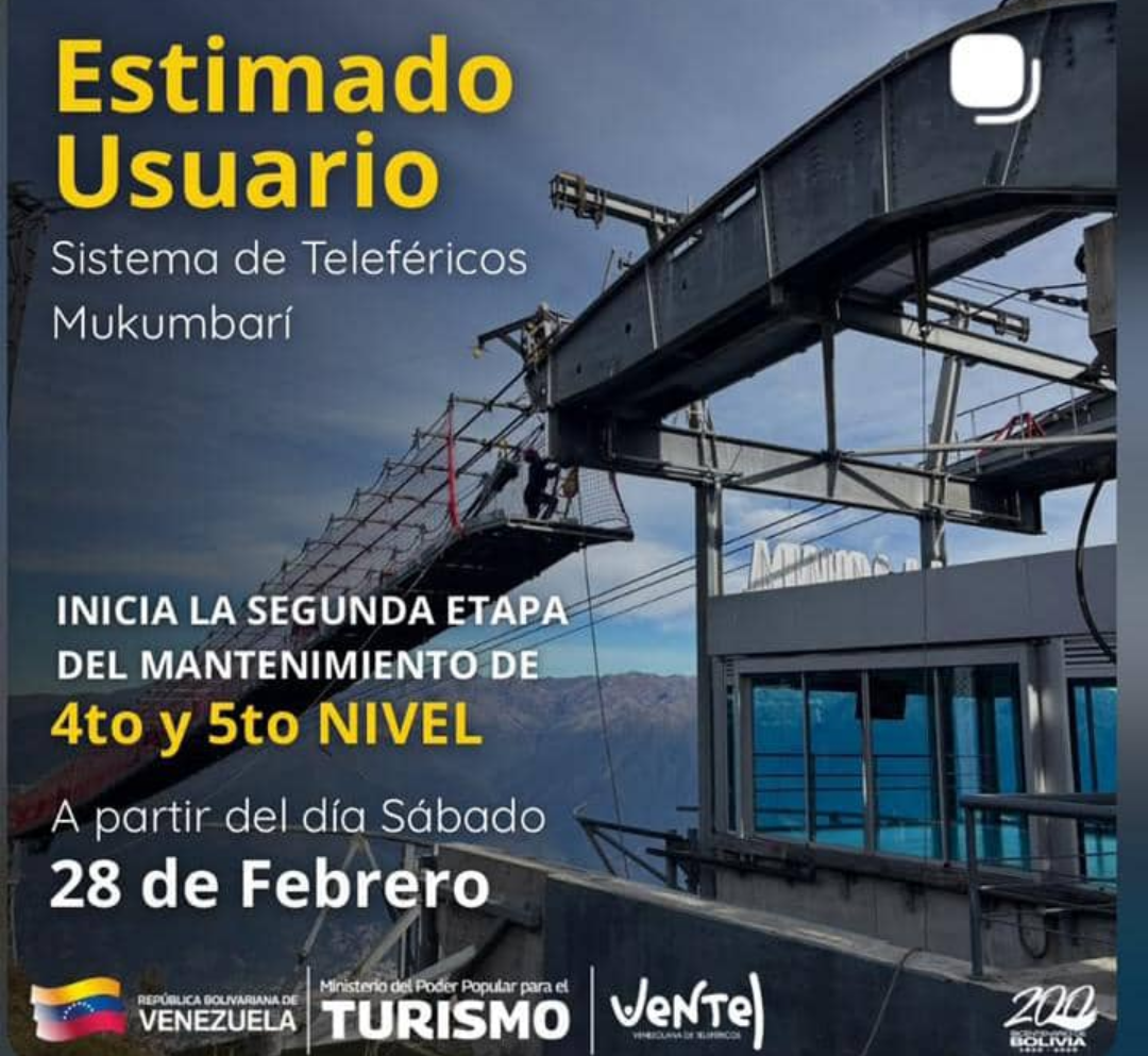 Diario Frontera, Frontera Digital,  Regionales, ,El Ministerio del Poder Popular para el Turismo invita a la ciudadanía y a los visitantes nacionales e internacionales a seguir atentos al cronograma de mantenimiento del Teleférico Mukumbar,Inició la segunda etapa de mantenimiento del Teleférico Mukumbarí en Mérida