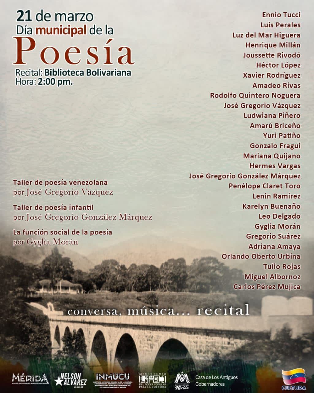 Diario Frontera, Frontera Digital,  Regionales, ,La jornada contará con tres espacios formativos y de reflexión, entre los que destaca un taller de poesía venezolana facilitado por José Gregorio Vázquez,Mérida celebrará el Día Municipal de la Poesía con recitales y formación literaria