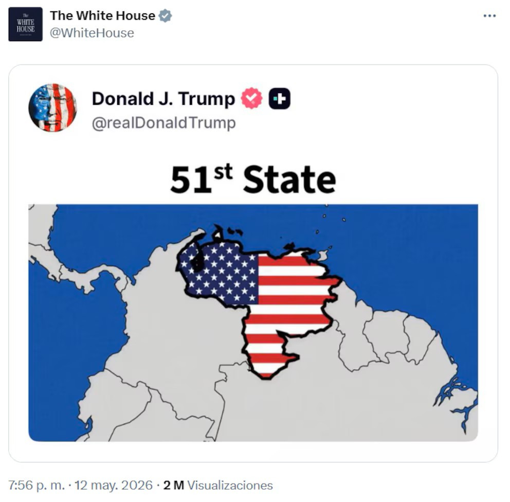 Diario Frontera, Frontera Digital,  Internacionales, ,El posteo llega luego de que en declaraciones a Fox News realizadas el lunes, Trump sostuvo que consideraba “seriamente” la posibilidad de incorporar a Venezuela como el estado número 51, argumentando que los venezolanos “lo aman” y que su administración mantiene un control efectivo sobre la nación sudamericana,Donald Trump publicó en su red social una imagen de Venezuela 
como el estado número 51 de Estados Unidos